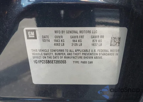 2014 Chevrolet Cruze 1Lt Auto z USA, uszkodzony, nr VIN 1G1PC5SB6E7289393